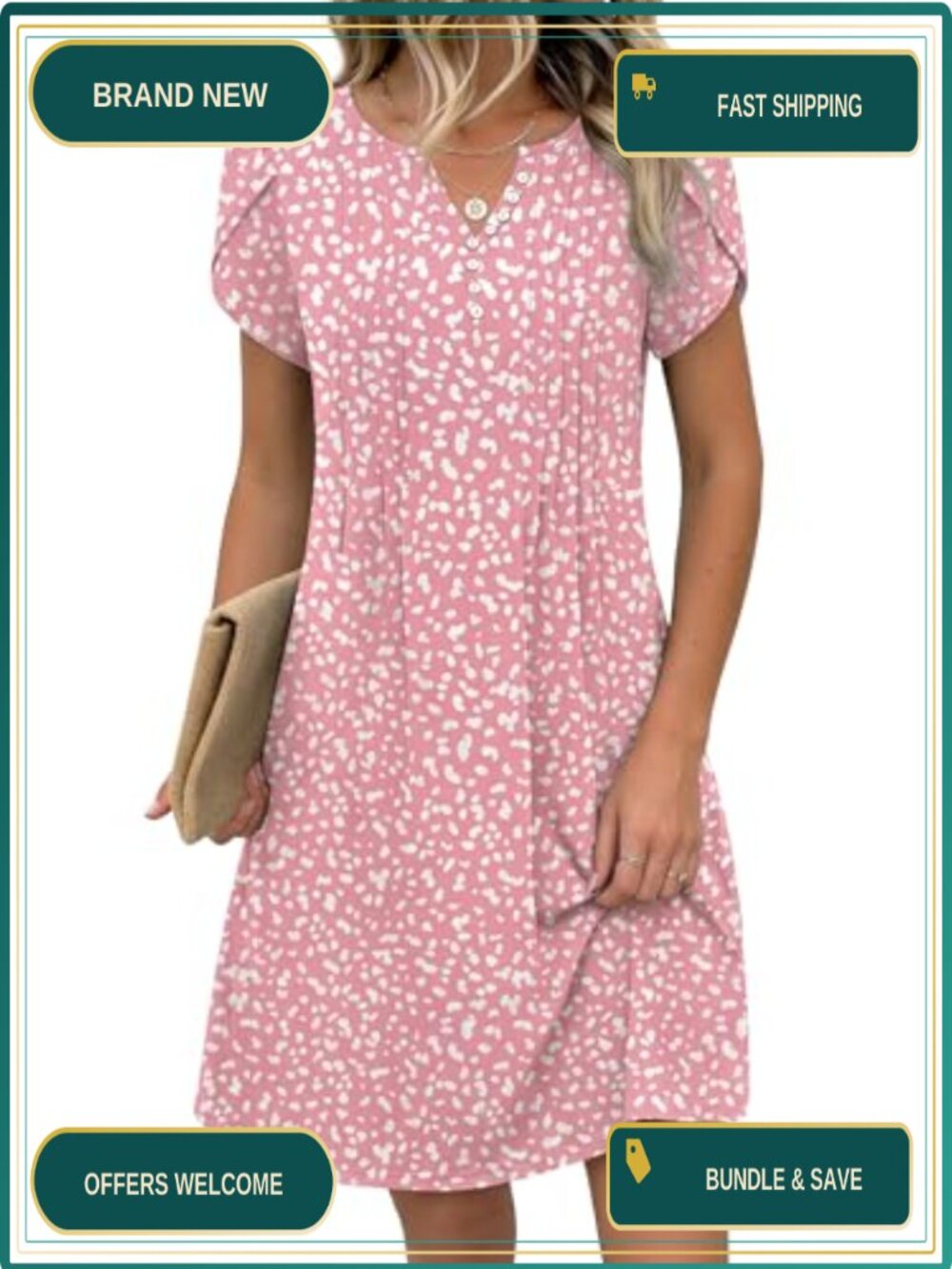 Women's Casual Swing Dress with Pockets, Floral V-Neck T-Shirt Mini Dress